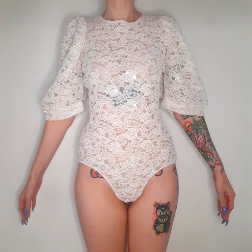 White Lace Bodysuit with White, Blue Pearls and Iridescent Sequins.